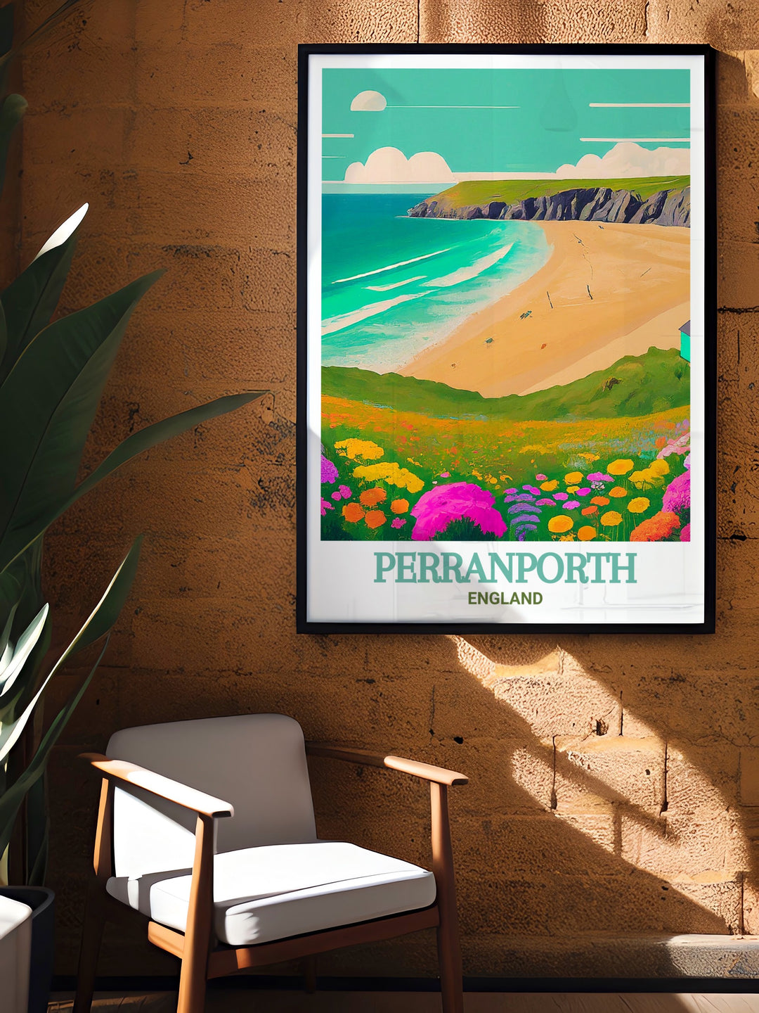 Perranporth Beach art print capturing the stunning views of Perranporth Beach in England. Perfect for nature lovers and art enthusiasts. This vibrant and detailed artwork brings the beauty of Perranporth into your home.