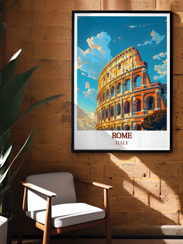 Detailed Rome Italy Print of The Colosseum showcasing its timeless beauty. This elegant artwork is perfect for transforming your home decor or as a unique travel gift.