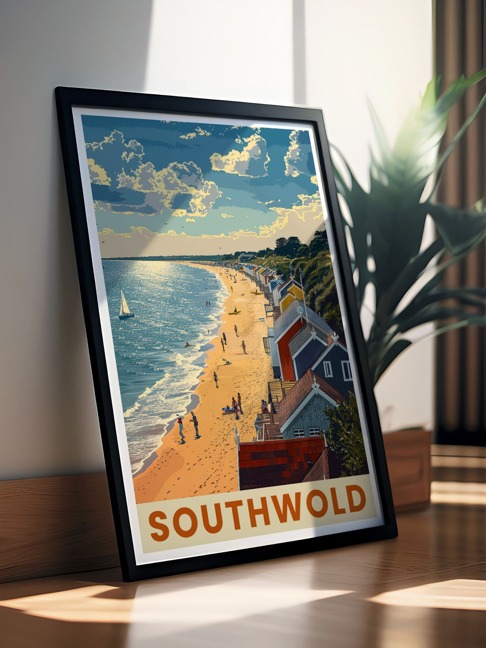 Vintage Travel Print of Southwold showcasing the beautiful beach and beach huts along with the charming Southwold Lighthouse and pier a perfect addition to any home or office space bringing the serenity of seaside living into your environment