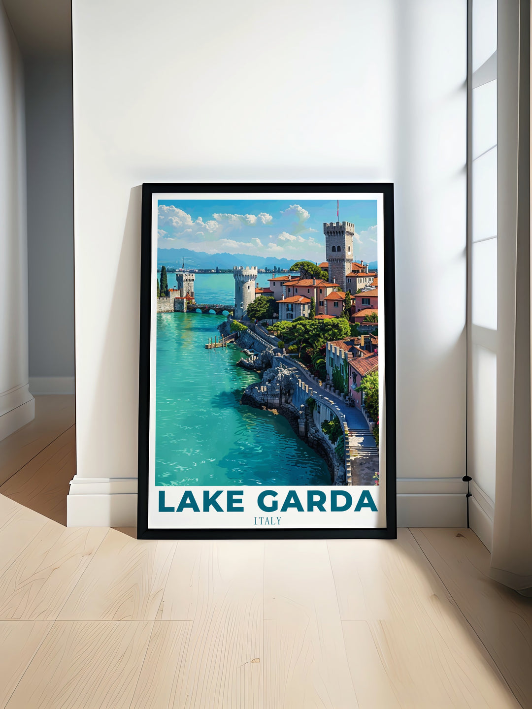 Lake Garda and Sirmione are beautifully captured in this travel poster, offering a glimpse of Italys famous landscapes. Perfect for anyone who loves Italy and its stunning scenery.