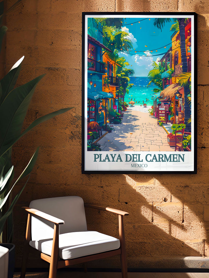 La Quinta Avenida and Caribbean Sea come to life in this Playa Carmen artwork a stunning piece that captures the vibrant atmosphere of Playa Del Carmen perfect for home decor and gifts.