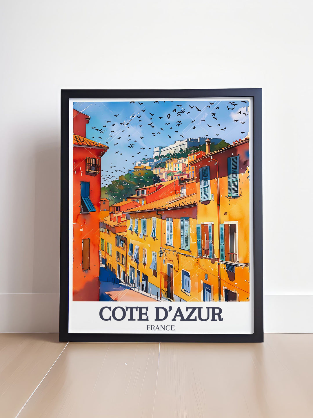 Admire the picturesque streets of Old Town Vieux Nice with this artwork, depicting the districts lively markets and charming buildings, ideal for enhancing any room with the essence of the French Riviera.