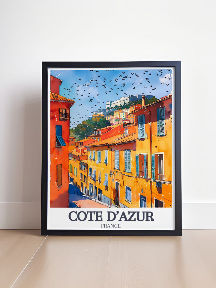 Celebrate the beauty of the French Riviera with this Côte dAzur poster print, showcasing Old Town and the stunning Castle Hill. Whether as a gift or a new addition to your home, this artwork brings the elegance of France into any space.