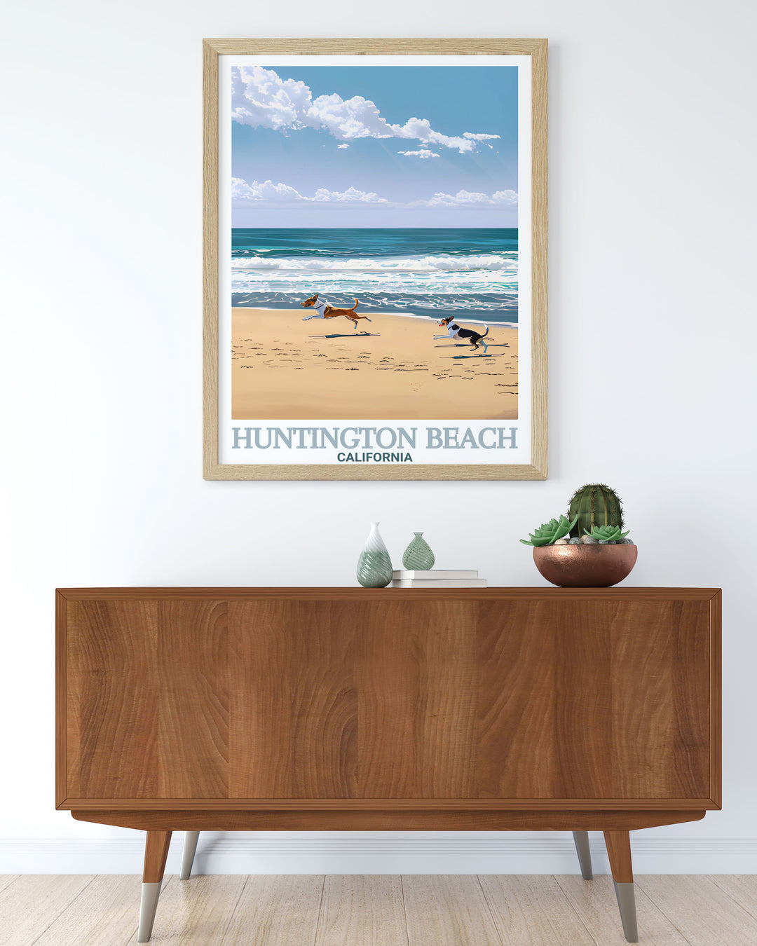 Huntington Beachs vibrant coastal scene, including the pier and Huntington Dog Beach, is brought to life in this travel poster. Perfect for beach lovers, this artwork captures the essence of a day at the beach with bold colors and stunning detail.