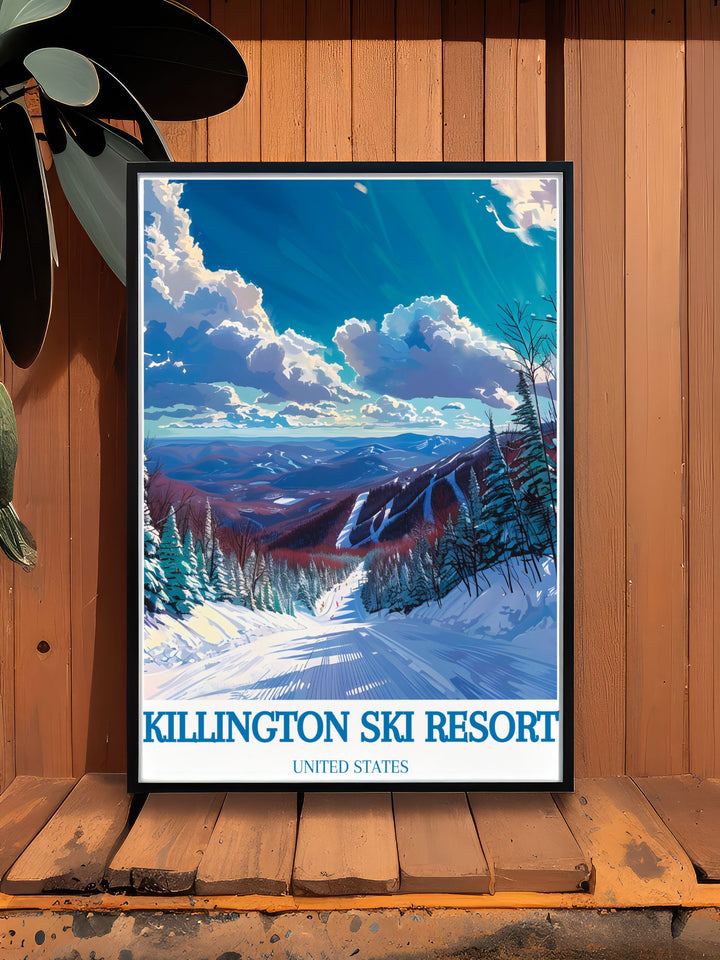 Stunning depiction of Killington Peak with its snow laden slopes and skiers gliding down the mountain. The art reflects the thrill of winter sports and the serene beauty of the snow covered environment. Perfect for decorating any space with a passion for skiing and mountain landscapes.