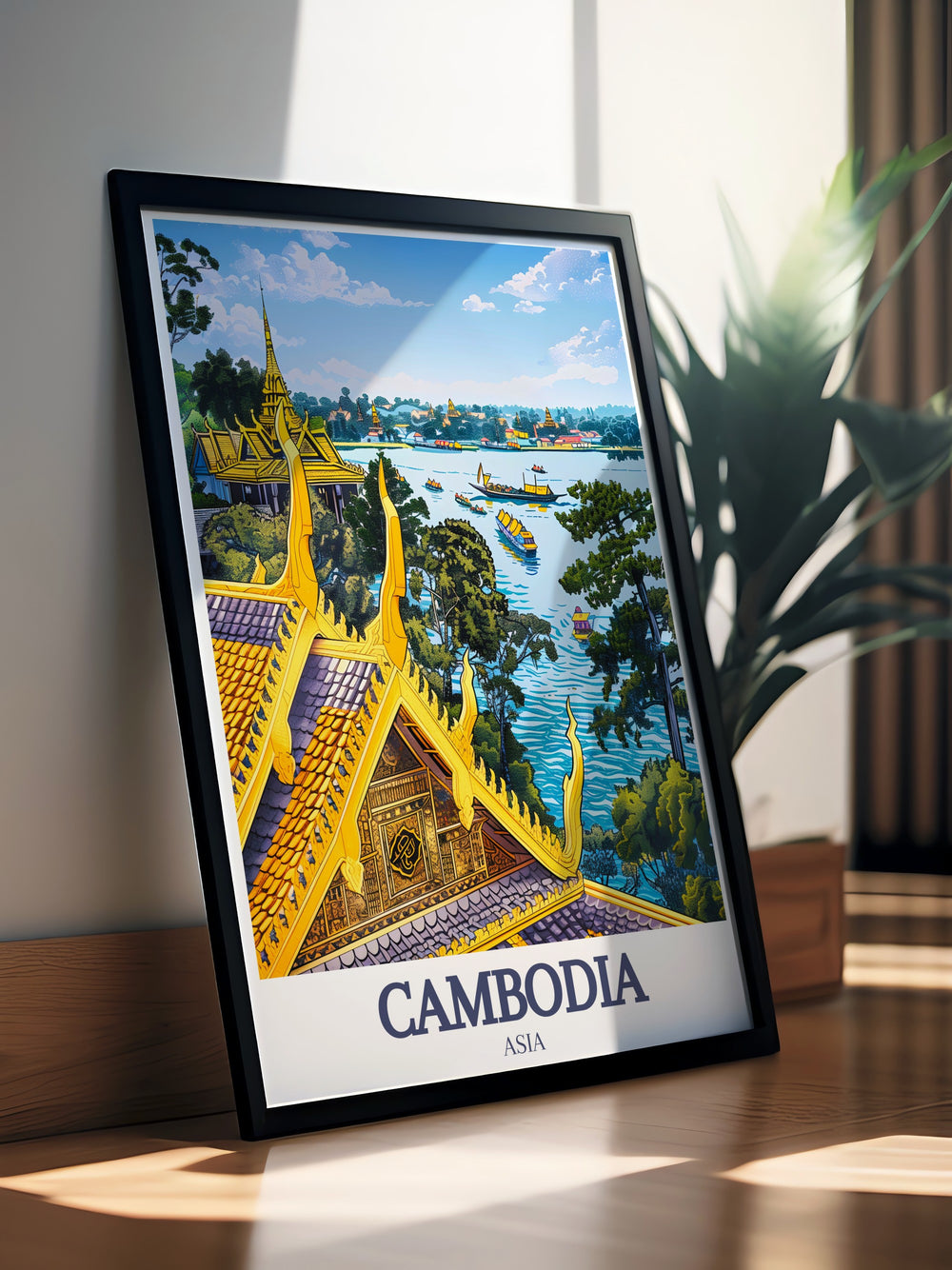 Discover the majestic Royal Palace, Phnom Penh, Tonle Sap Lake with this beautiful wall art. Ideal for those who appreciate Cambodias rich heritage and natural beauty. This artwork captures the elegance of the Royal Palace and the tranquility of Tonle Sap Lake.