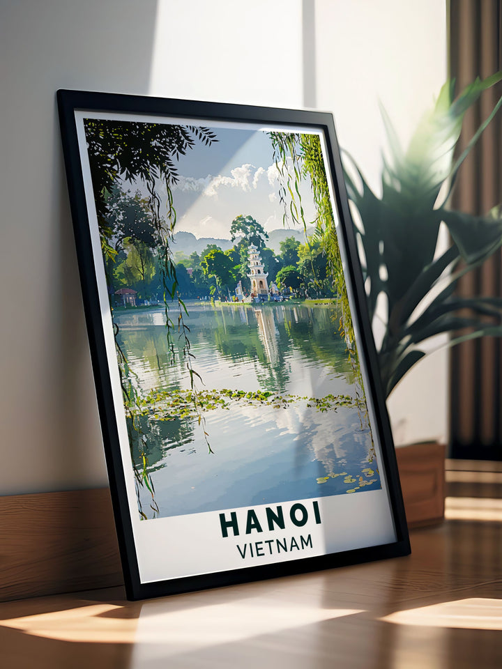 This detailed illustration of Hoan Kiem Lake offers a captivating view of its serene waters and the enchanting legends that surround it.