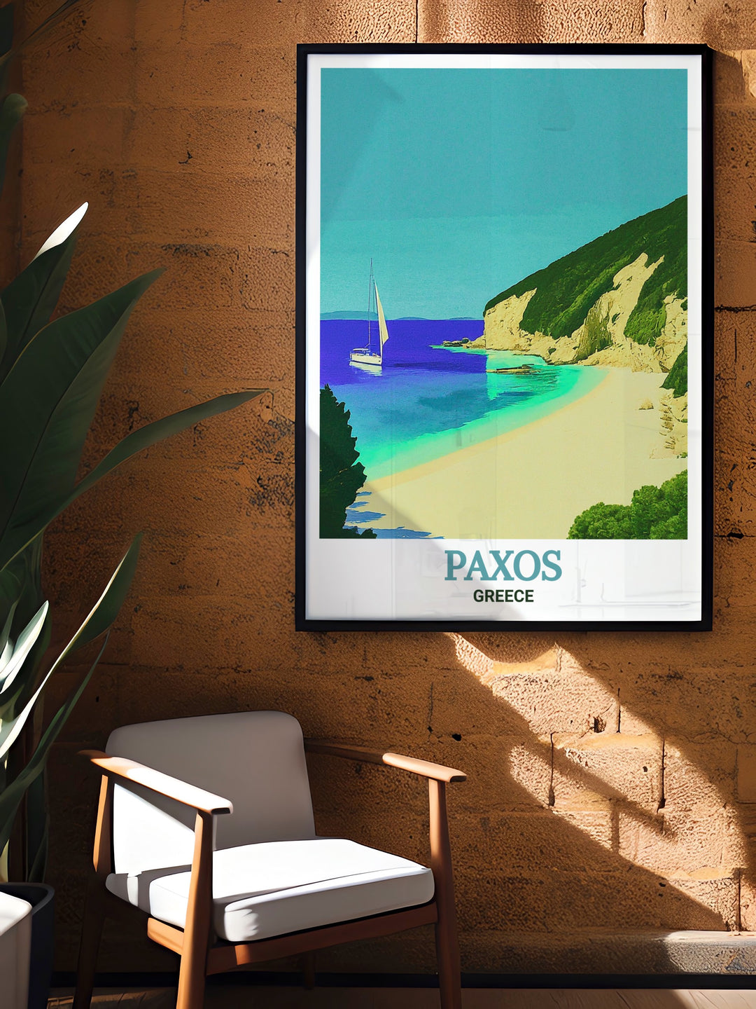 Stunning Greece travel poster showcasing Erimitis Beach on Paxos island this wall art is ideal for those who wish to bring the beauty of Greece into their homes a perfect addition to modern or traditional living room decor