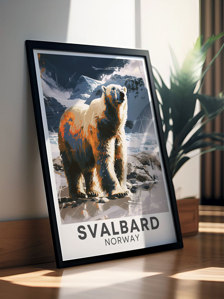 Beautiful Svalbard photography featuring Polar Bears against the Arctic landscape. This Svalbard cityscape poster is ideal for home decor and makes a thoughtful personalized gift.