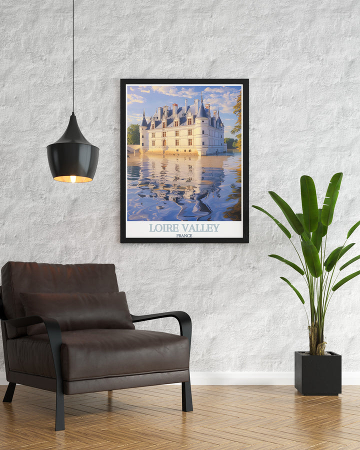 This art print of the Loire Valleys Chateau de Azay le Rideau offers a unique way to bring a piece of French culture into your home. A beautiful travel print perfect for enhancing your living room decor with the timeless elegance of France.