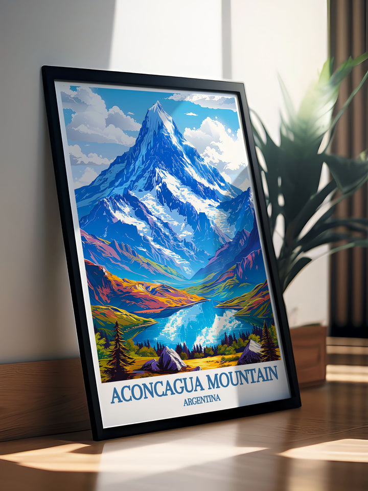 This retro travel poster features Aconcagua Mountain in Argentina part of the Seven Summits Art collection capturing the grandeur of the tallest peaks in the Andes.