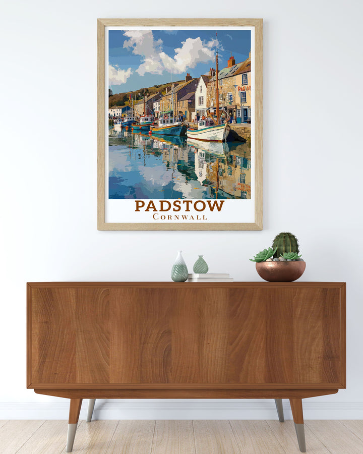 Cornish painting of Padstow Harbor highlighting the vibrant colors and serene scenes of Cornwall perfect for anyone who appreciates fine art and UK travel posters a beautiful addition to any bucket list prints collection and home decor