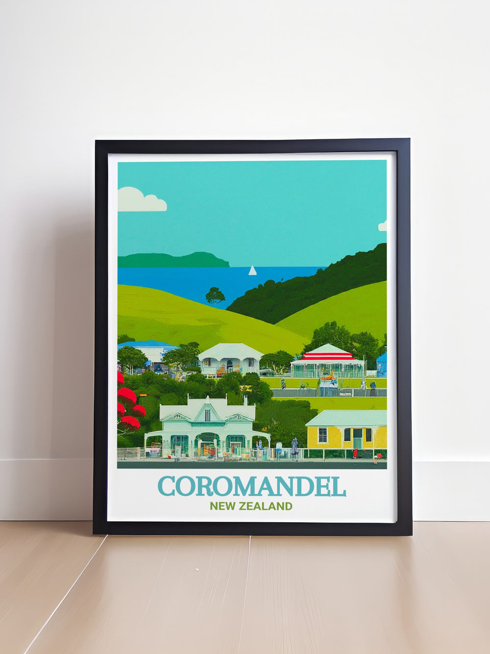 Elegant poster of Coromandel Town, capturing the serene beauty of the towns historic streets and the surrounding Coromandel Peninsula, ideal for creating a peaceful and inspiring atmosphere in any room.