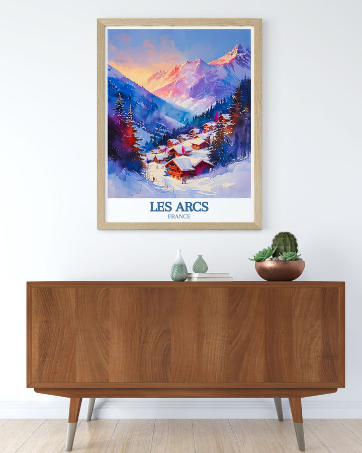 Travel art print of Aiguille Rouge Mont Blanc in Les Arcs a perfect addition to any collection of vintage ski posters and travel prints ideal for ski and snowboarding enthusiasts