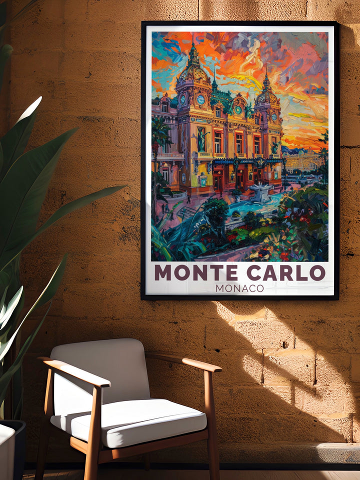 Casino de Monte Carlo Travel Print captures the vibrant and luxurious essence of Monaco, with its iconic casino and stunning coastal scenery. This wall art is ideal for adding a sense of adventure and sophistication to any room in your home.