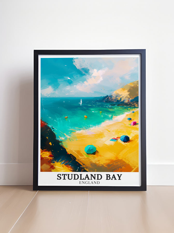 Studland Bay poster print showcasing the serene beauty of Studland Beach Dorset perfect for enhancing your living room or bedroom decor. This England travel art brings the peaceful charm of the coast into your home ideal for nature and travel lovers.