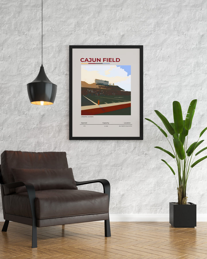 Vibrant Cajun Field artwork featuring Louisiana Ragin Cajuns football. This retro inspired print is a must have for college dorms and sports themed decor. Perfect as a gift for football lovers who appreciate bold and dynamic art.