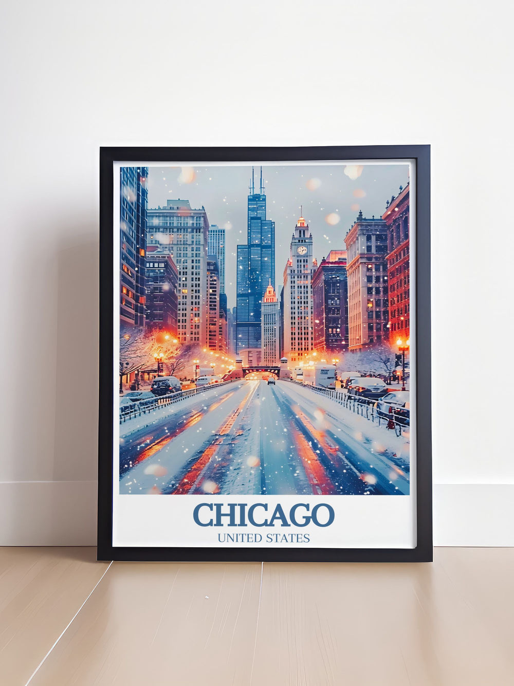 This Magnificent Mile travel poster beautifully captures the vibrant mix of luxury and history. Perfect for adding a lively and sophisticated touch to your decor, this art print reflects the unique skyline and festive spirit of Chicago.