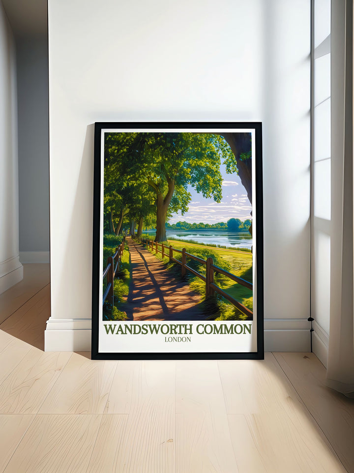 Beautifully designed poster of Wandsworth Common featuring the iconic Wandsworth Windmill and lush greenery of Wandsworth Park. This vintage London print adds a touch of charm and serenity to any home decor, perfect for lovers of South London.