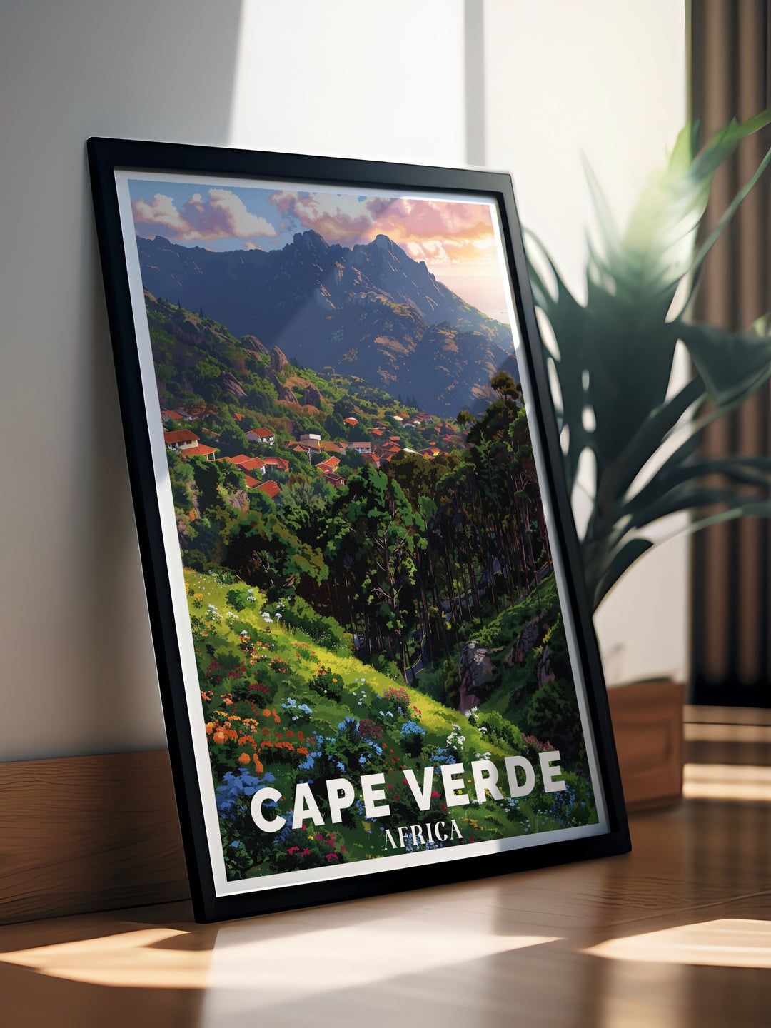 This travel print of Cape Verde features the majestic Mount Verde and the islands breathtaking coastline. The artwork captures the natural beauty of Cape Verdes landscapes, offering a vibrant and calming presence for any room in your home.