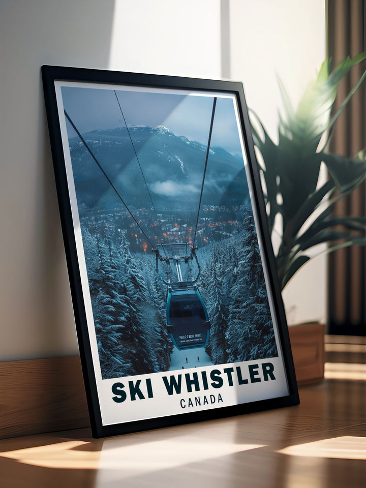 This vintage inspired poster of Whistler captures the magic of the Peak 2 Peak Gondola, providing a unique view of the scenic landscape and engineering marvel, perfect for art lovers and adventure seekers.