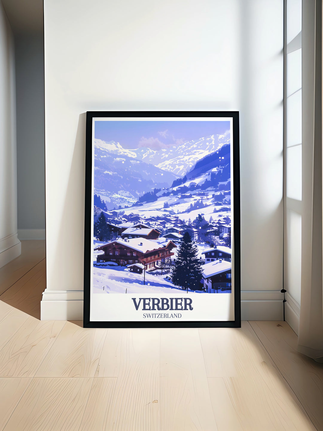 Featuring the Verbier mountains and picturesque Verbier Village, this travel print is a must have for those who appreciate alpine landscapes. The detailed artwork captures the serene beauty of the Swiss Alps, making it a great choice for wall décor or as a gift for ski enthusiasts.