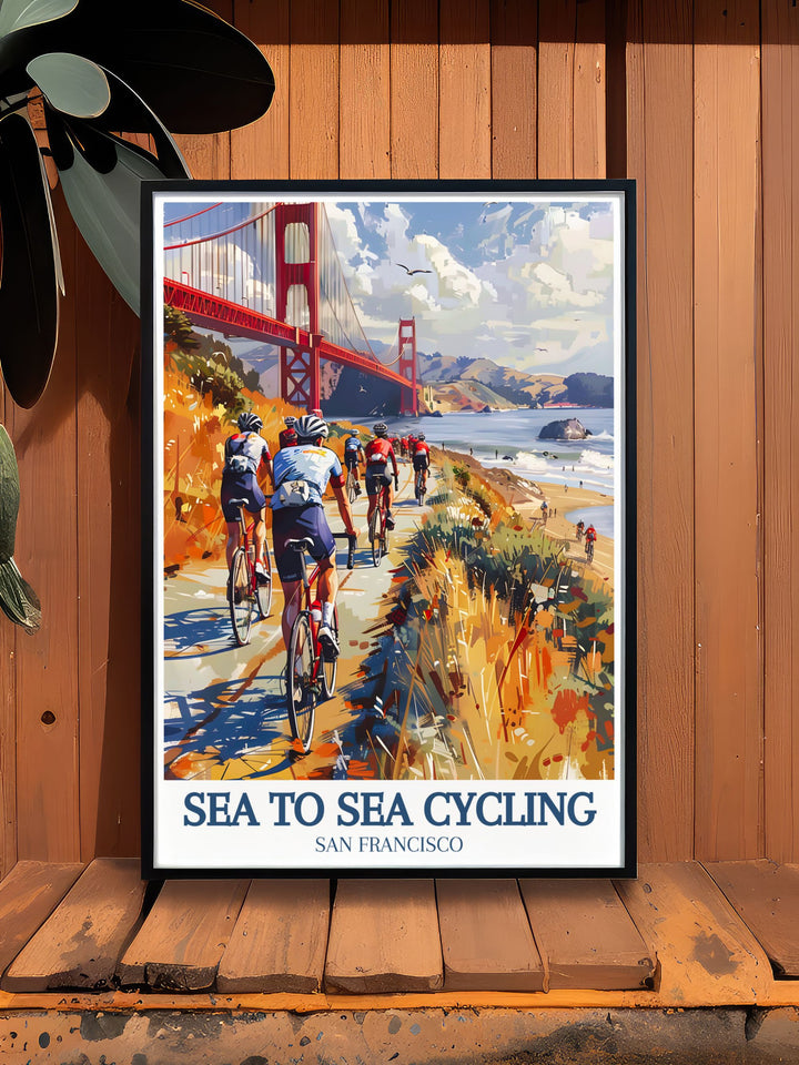 The Golden Gate Bridge is beautifully illustrated in this cycling poster, showcasing its architectural magnificence and historical significance, making it an excellent addition to any cycling enthusiasts collection.