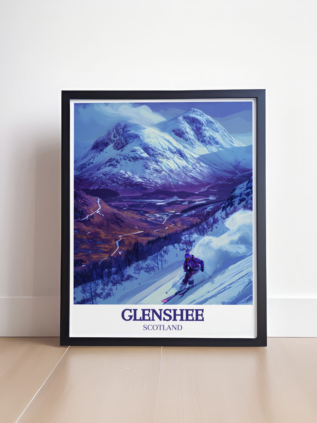 Celebrating the rich history of Glenshee, this poster features landmarks such as ancient cairns and historic trails. Ideal for history buffs, this artwork offers a glimpse into the fascinating heritage of Scotlands Highlands.
