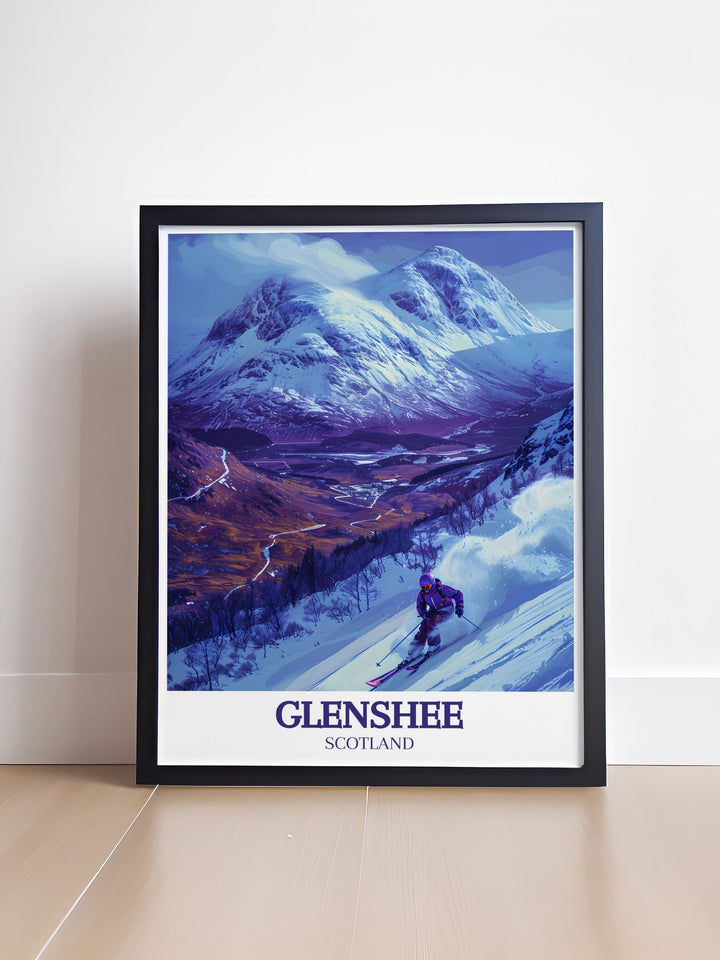 Celebrating the rich history of Glenshee, this poster features landmarks such as ancient cairns and historic trails. Ideal for history buffs, this artwork offers a glimpse into the fascinating heritage of Scotlands Highlands.