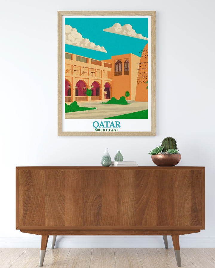 Fine art print of Katara Cultural Village, located in the heart of Qatar. This travel poster vividly captures the vibrant colors and intricate design of the Middle Easts cultural epicenter, offering a stunning wall art piece for travel and architecture lovers.