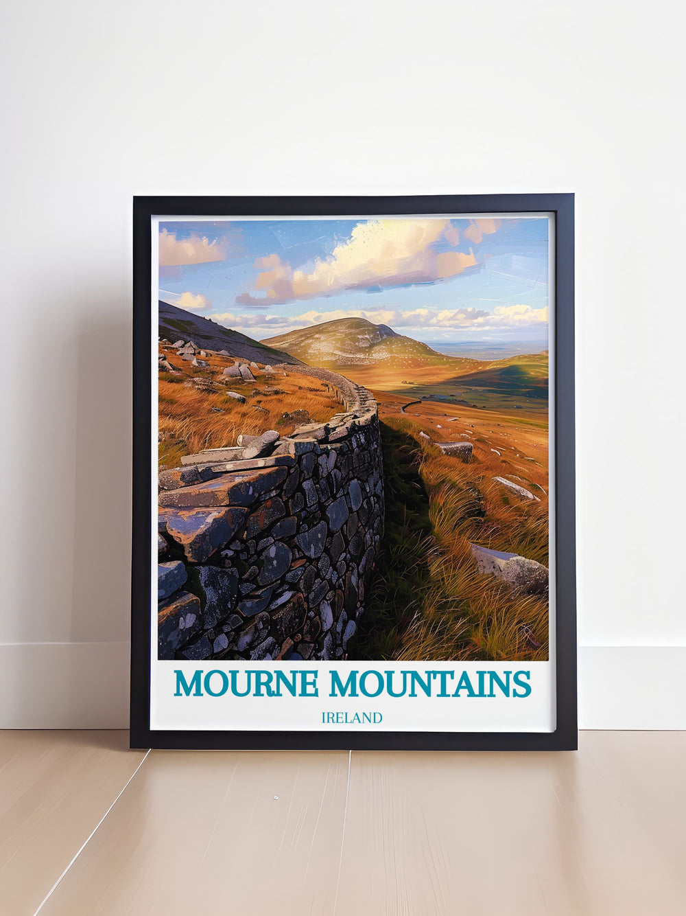 Featuring the scenic vistas of the Mourne Mountains, this poster offers a visual representation of one of Irelands most beautiful natural landmarks, ideal for those who cherish outdoor adventures.