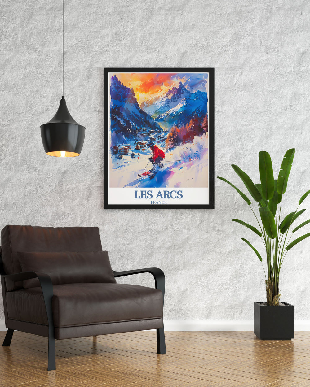 Vintage Ski Print featuring the majestic slopes of Paradiski ski area Mont Blanc and Les Arcs ideal for adding a touch of retro charm to your home decor and celebrating the timeless beauty of the French Alps