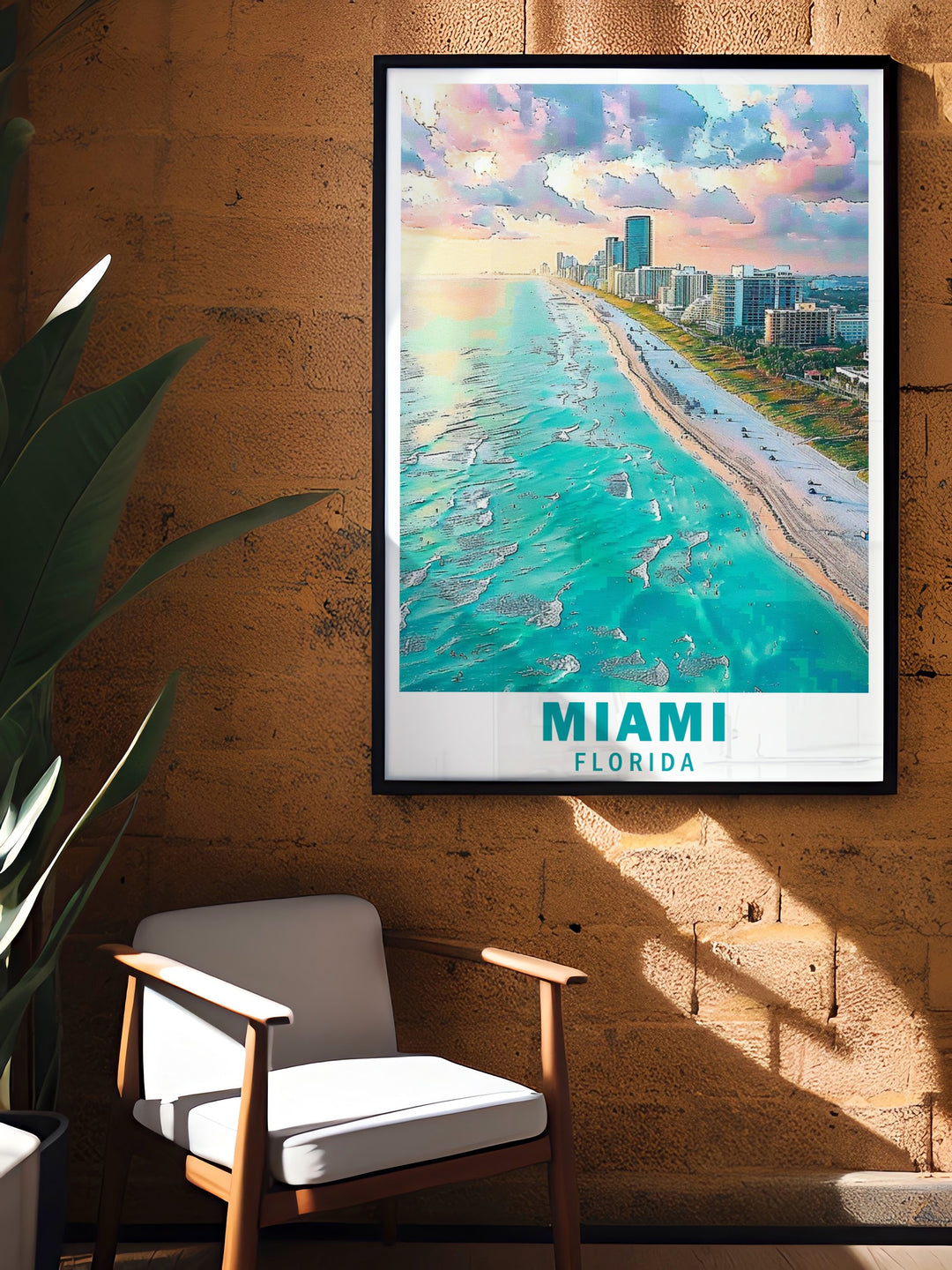 The Florida Wall Print captures the sunny, vibrant essence of South Beach, Miami. Ideal for adding a coastal vibe to any living space, this artwork makes a stunning gift for travel lovers and beach enthusiasts.