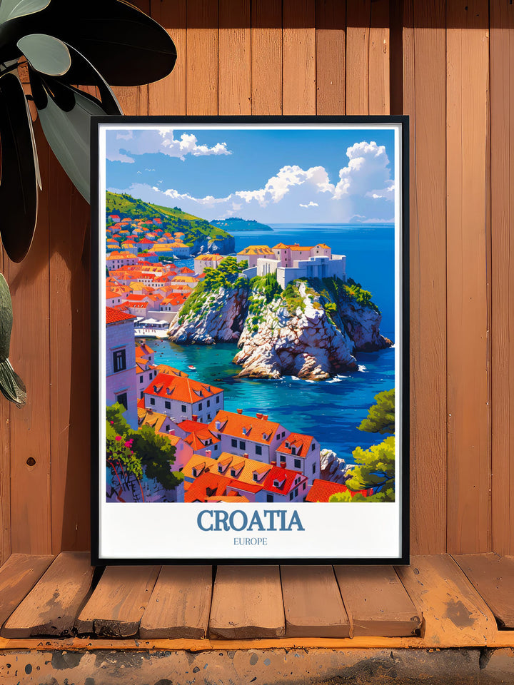The majestic scenery of the Adriatic Sea and the iconic beauty of Dubrovnik Old Town are featured in this vibrant travel poster, perfect for adding Croatias unique charm and elegance to your home.