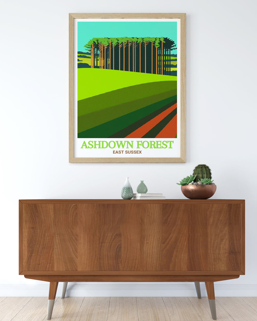 Friends Clump in Ashdown Forest is beautifully depicted in this AONB Travel Print showcasing the iconic trees and serene landscape ideal for creating a calming atmosphere in your living room or bedroom elevate your home decor with this elegant wall art