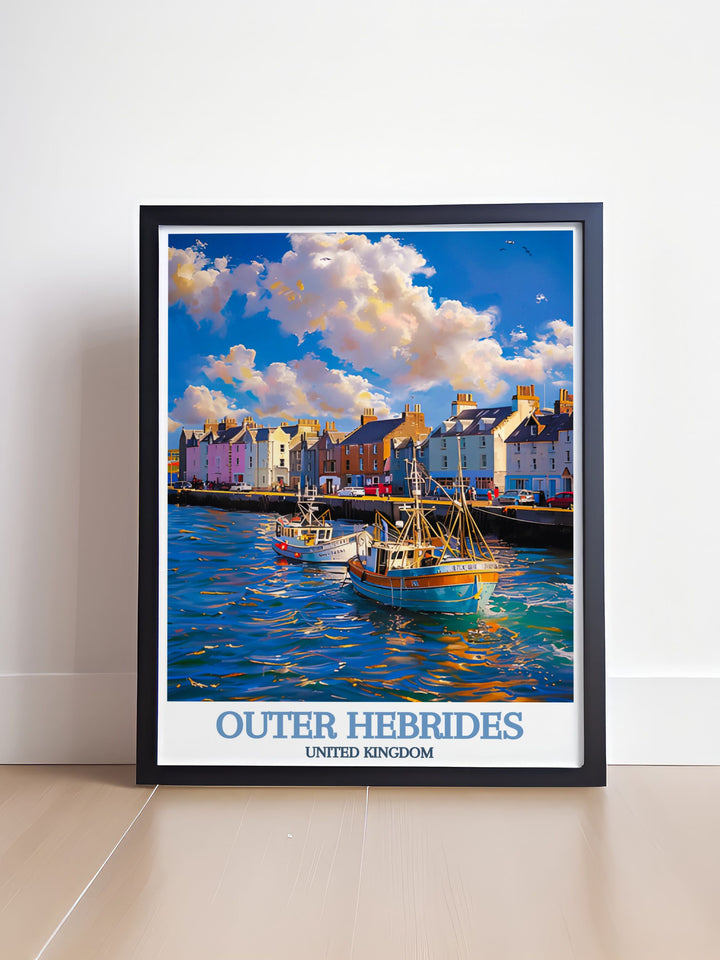 Stunning Scottish travel art including North Uist and Stornoway Harbour framed print bringing the natural beauty of the Outer Hebrides to your living space