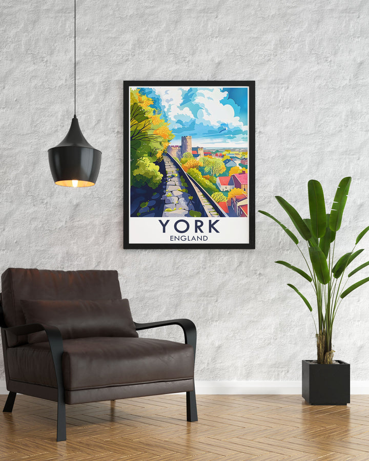 This travel poster artfully combines the historical significance of The York Walls with the enchanting views of York. Perfect for home decor, it celebrates the unique stories and beauty of these iconic landmarks.