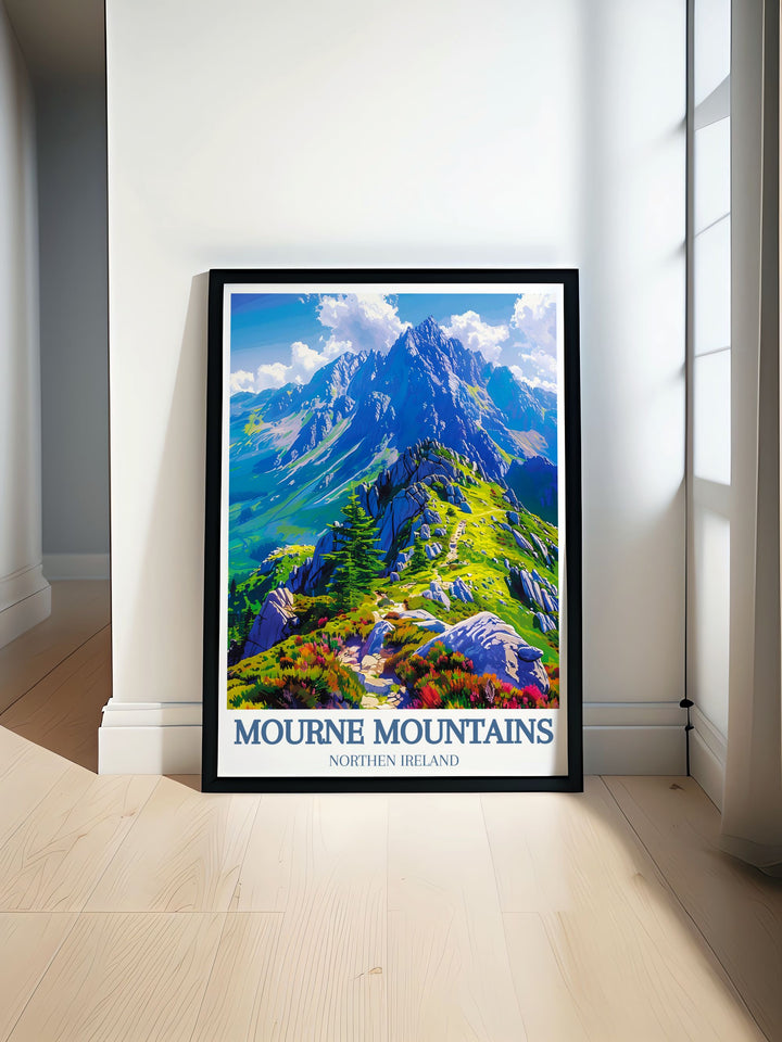 This travel poster of the Mourne Mountains captures the scenic beauty of the rugged peaks and lush valleys, perfect for bringing natural elegance into your home decor.