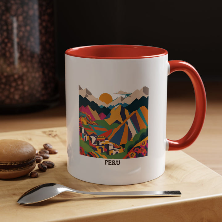 A beautifully designed Peru Mug featuring vibrant artwork of Machu Picchu and Andean landscapes. Perfect for coffee or tea lovers, this mug offers both cultural beauty and practical use with its dishwasher-safe and microwave-safe design.