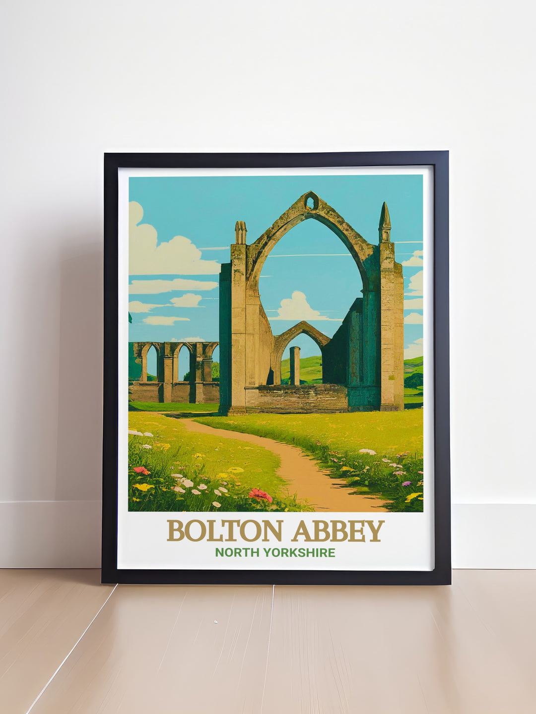 Bolton Priory Ruins print highlighting the majestic ruins of Bolton Abbey nestled in the rolling hills of the Yorkshire Dales designed to inspire adventure and evoke memories of hiking along the Dales Way trail in North Yorkshire.