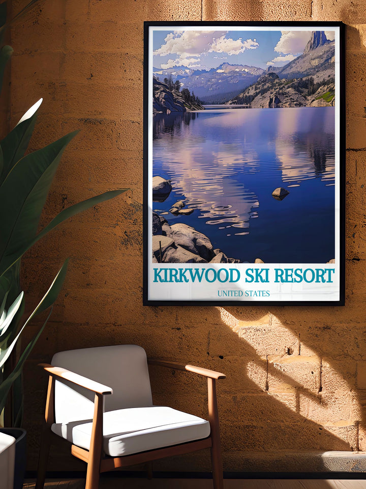 Striking artwork of Caples Lake showcasing its peaceful waters and majestic mountain views. The print captures the essence of the lakes tranquility and natural splendor, making it an ideal choice for enhancing any wall decor.