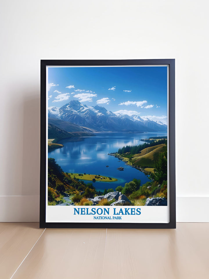 High quality Lake Rotoiti vintage print showcasing the timeless beauty of this iconic location, crafted with attention to detail and vibrant colors to enhance your home decor and evoke the spirit of New Zealand.