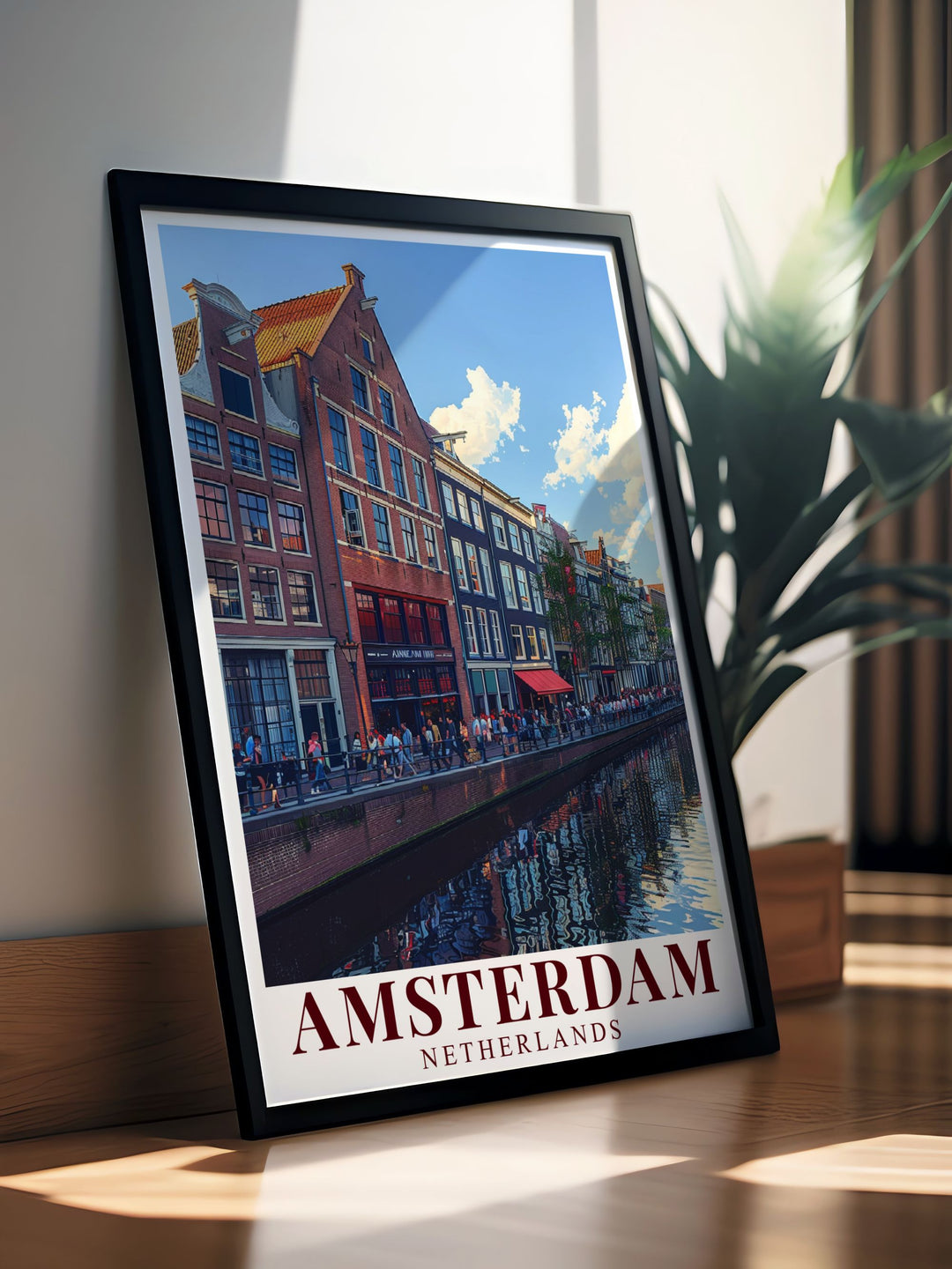Colorful art of Amsterdam highlighting the Anne Frank House. This Amsterdam colorful art piece is perfect for home decor and makes an excellent gift for any occasion. Celebrate the unique charm and history of Amsterdam with this beautiful artwork.