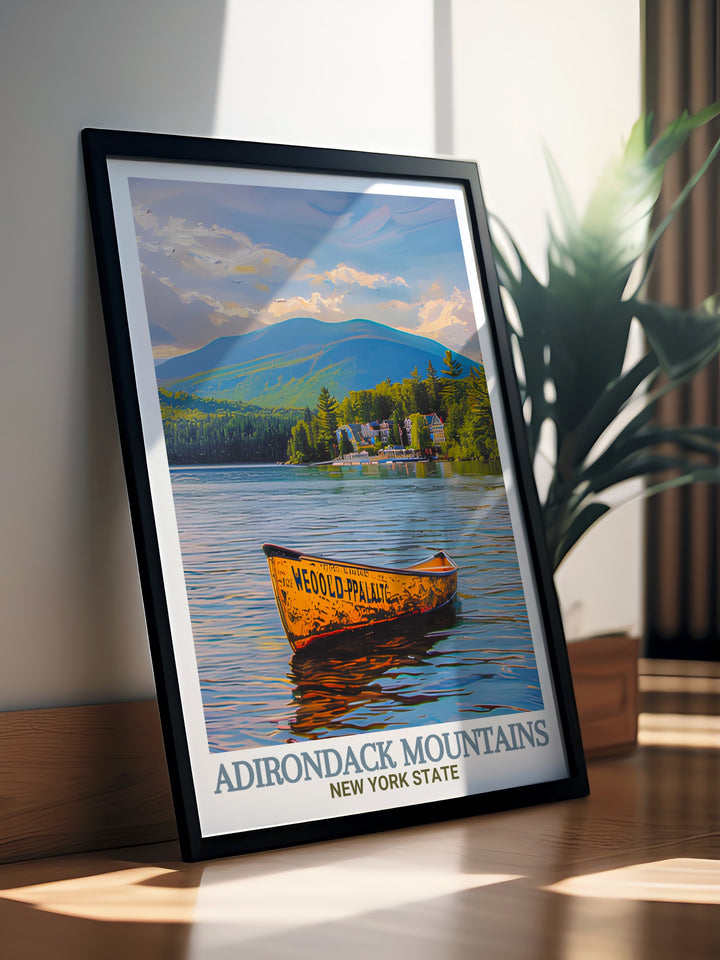 This Adirondack travel print featuring Lake Placid is the perfect addition to your home decor offering a sophisticated blend of New Yorks scenic beauty and modern design