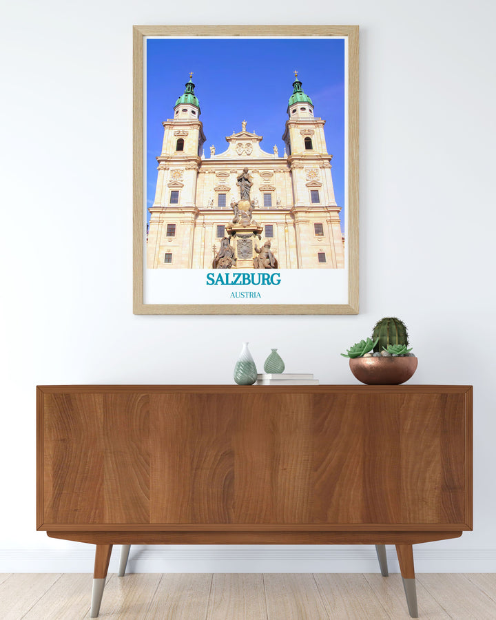 Vintage Travel Print of Salzburg featuring Zauchensee Ski Resort and Salzburg Cathedral designed to elevate your decor with stunning modern art and elegant wall decor inspired by Austrias rich history and winter sports culture