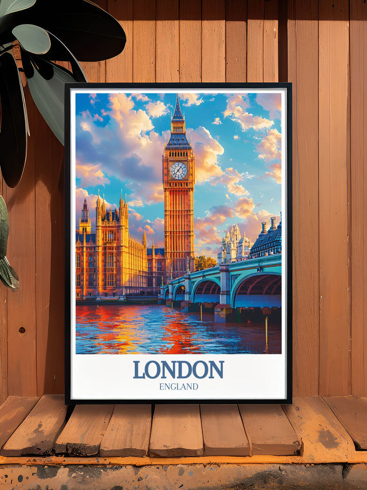 Framed print of Big Ben and London Bridge showcasing the beauty and history of Londons famous landmarks. Ideal for enhancing your living room or office with its detailed and elegant representation of iconic structures