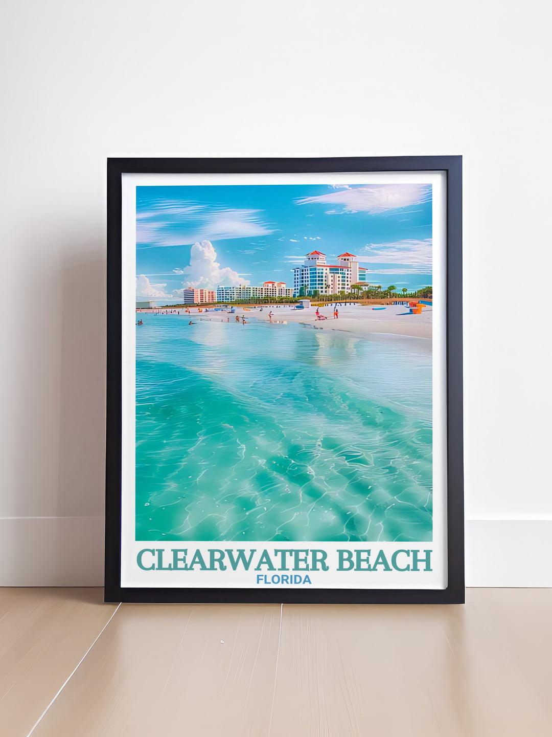 Modern Florida travel print featuring Clearwater Beachs iconic views. A perfect addition to any rooms decor with its vibrant colors and relaxing beach scenery. This artwork makes an ideal Florida travel gift or keepsake for beach lovers.