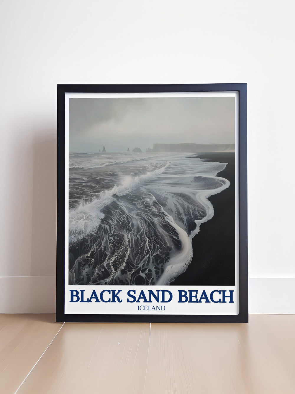 Reynisdrangar Vintage Poster highlighting the timeless beauty of Icelands Reynisdrangar sea stacks, set against the backdrop of the Black Sand Beach. The poster brings a sense of mystery and wonder to any decor, making it a standout piece in any room