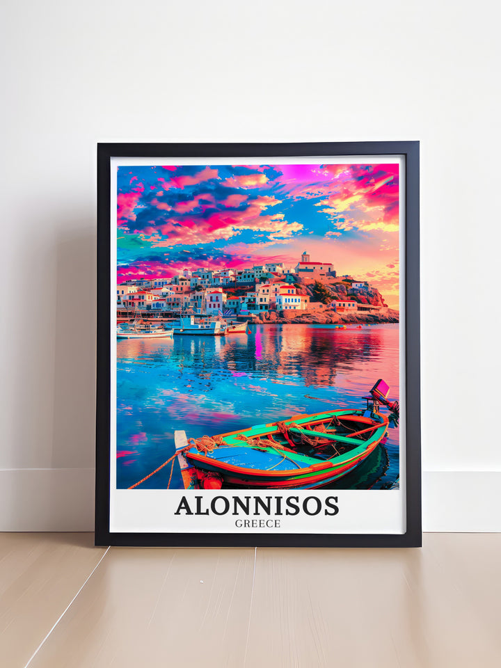 Alonnisos wall poster featuring the charm of Patitiri harbor and the Old Town. This travel art offers a beautiful depiction of this Greek islands peaceful landscapes, ideal for any room.