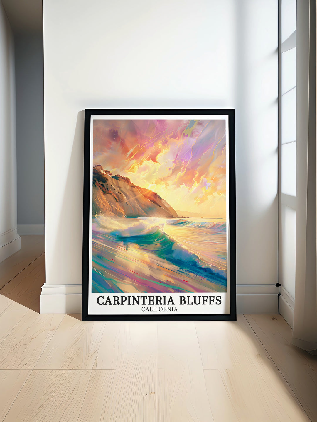 Carpinteria Bluffs Nature Preserve and Carpinteria State Beach beautifully depicted in this California travel art print showcasing the natural beauty of California coastline perfect for enhancing any living space with tranquil decor that reflects your love for nature and travel